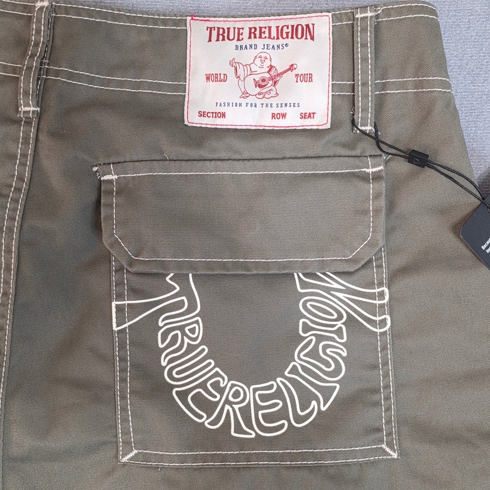 True Religion Cargo SN Pant HS Outline Men 34 Kalamata Green Contrast Stitch NEW